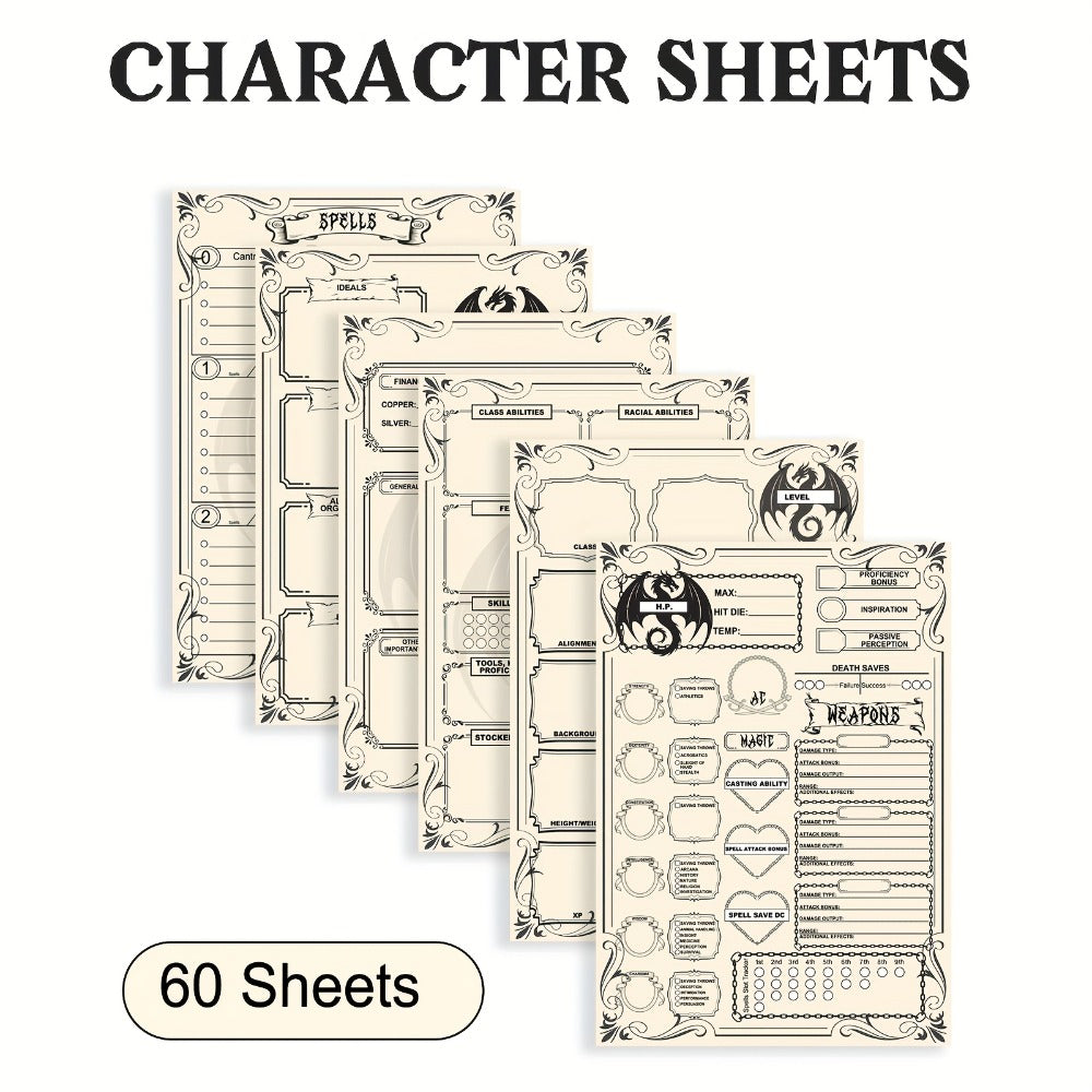 DnD 5e Character Sheet Set with Spell Tracker – A5 Player Journal for Dungeons & Dragons Campaigns, 10 Sets x 6 Unique Pages (60 Pages Total), Complete RPG Role Playing Game Accessory & Gift for Players & DMs