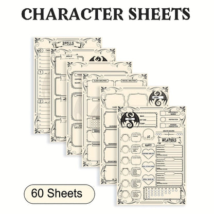 DnD 5e Character Sheet Set with Spell Tracker – A5 Player Journal for Dungeons & Dragons Campaigns, 10 Sets x 6 Unique Pages (60 Pages Total), Complete RPG Role Playing Game Accessory & Gift for Players & DMs