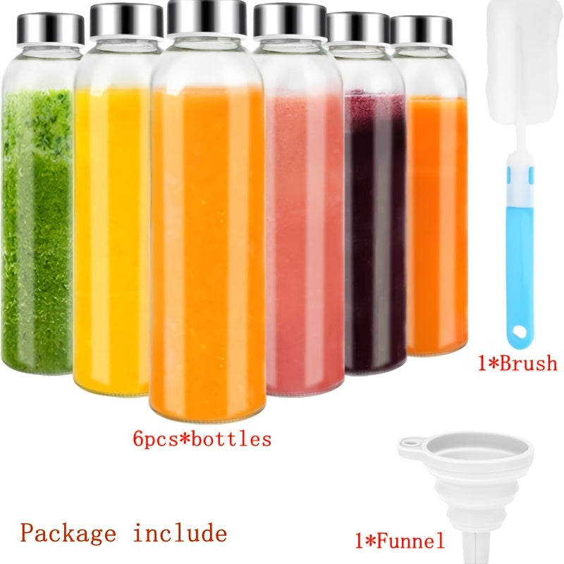 Glass Water Bottles with Lids 6 Pack 18oz – Reusable Leak-Proof Juice Bottles with Stainless Steel Caps for Smoothies, Beverages & Refrigerator Storage, BPA Free, Includes Cleaning Brush & Funnel