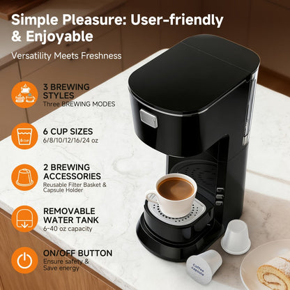 Coffee Maker One-Button Compact Specialty Coffee Machine – Fast Home Brewing, Space-Saving Countertop Design, Barista-Style Results, Available in Black & White