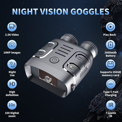 Digital Night Vision Binoculars 2.5K HD – 10X Zoom, 800M Range, 2.4" Screen with Photo & Video Recording | USB Rechargeable Night Vision Goggles for Hunting, Fishing, Camping & Boating