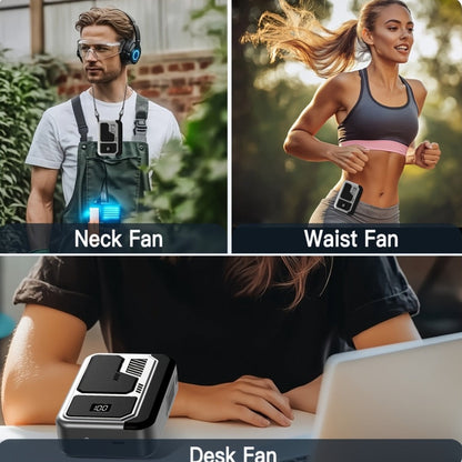 3-in-1 Desk Fan & Neck Fan & Waist Fan | USB Rechargeable 3000mAh Portable Cooling Fan, 3-Speed Ultra-Quiet Operation, Hands-Free Wearable Design for Outdoor Work, Travel & Summer Gifting