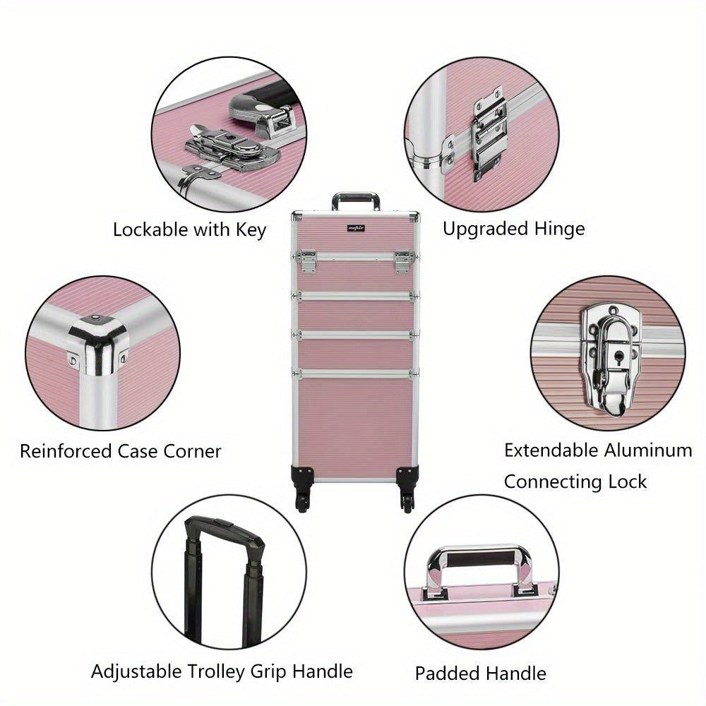 Makeup Train Case Rolling 4-in-1 Aluminum Lockable Trolley with 4 Removable Wheels Collapsible Trays DIY Compartments Telescopic Rod Cosmetic Organizer for Makeup Artists Salon Travel Black Pink Rhinestone
