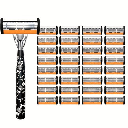 Safety Razor for Men 7-Layer Progressive Blades — Non-Slip Stainless Steel Handle Classic Double Edge Razor for Beard & Mustache Grooming, 1 or 2 Handle + 15–36 Blade Pack Options