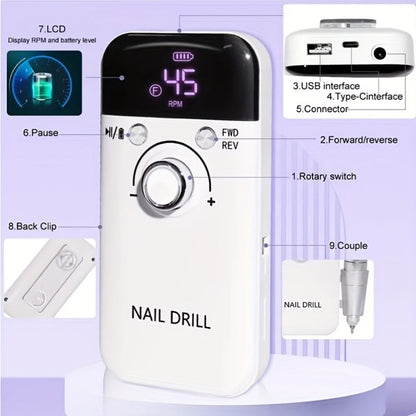 Nail Drill 45000 RPM Rechargeable Professional Electric Nail File Kit with Drill Bits Sanding Bands Low Noise Portable Manicure Pedicure Polishing Set for Salon Home Women Nail Techs