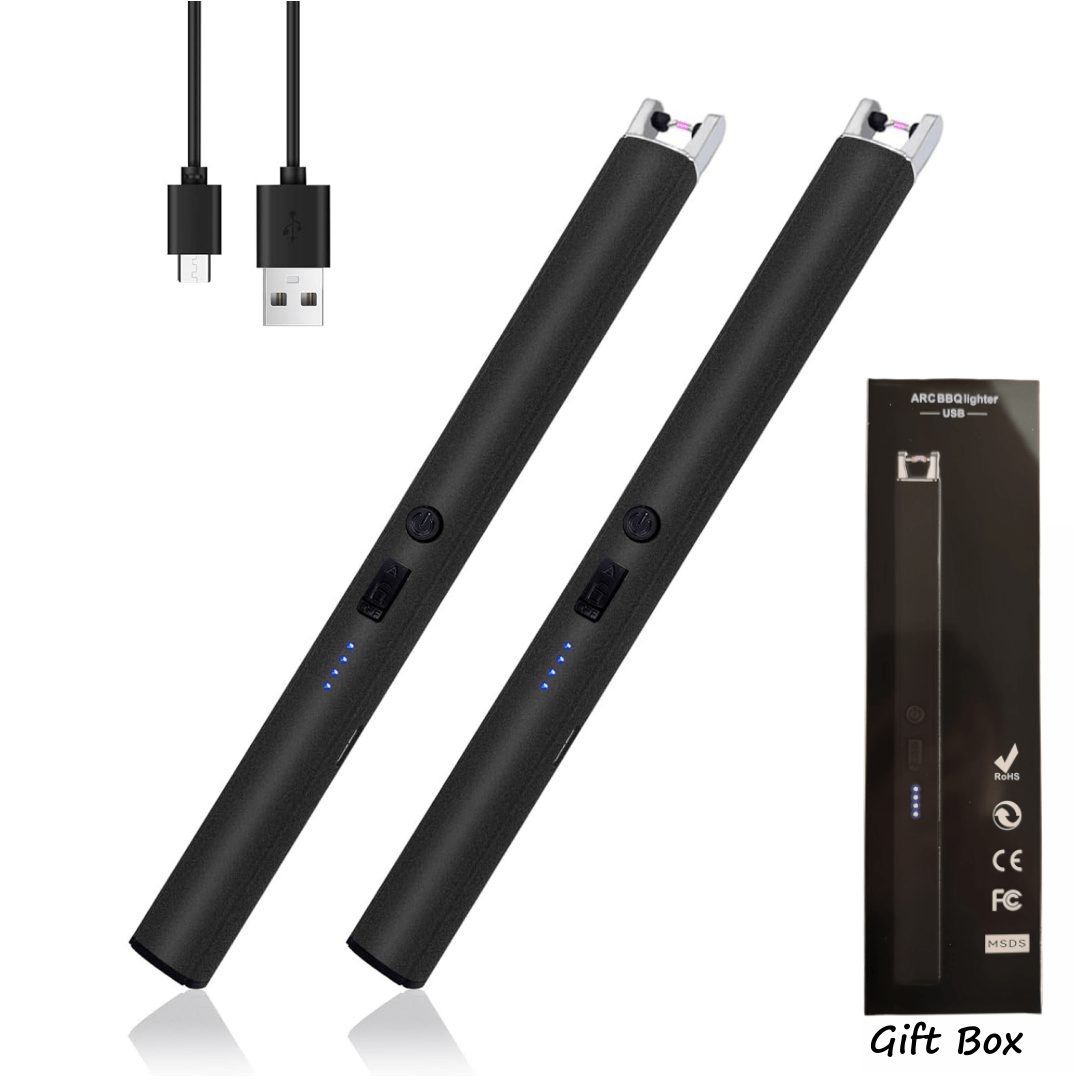 Plasma Arc Lighter USB-C Rechargeable 2pcs – Windproof Flameless Electric Candle Lighter with LED Battery Display & Child Safety Lock, Gift Box Packaging for Camping, BBQ & Holidays (Black & Rose Gold)