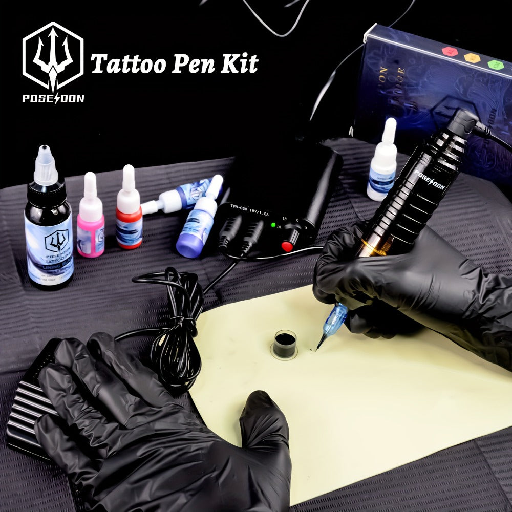 Rotary Tattoo Kit for Beginners Complete - POSEIDON Tattoo Pen Machine with Power Supply Foot Pedal 10 Needles 6 Color Inks Practice Skin Transfer Paper Full Tattoo Supplies for Artists