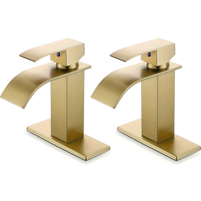Waterfall Bathroom Sink Faucet, Single Hole or 3-Hole Mixer Tap with 6" Deck Plate, Ceramic Valve, Vanity Faucet for Farmhouse RV Bathroom, Brushed Gold Matte Black Nickel Chrome