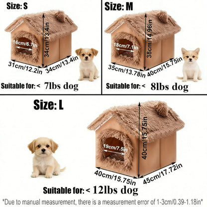 Indoor Dog House Warm Plush Semi-Enclosed – Cozy Cave Bed with Removable Pad & High-Resilience PP Filling | Non-Collapse Dog Kennel for Small Dogs, Available in Gray & Brown, Size L