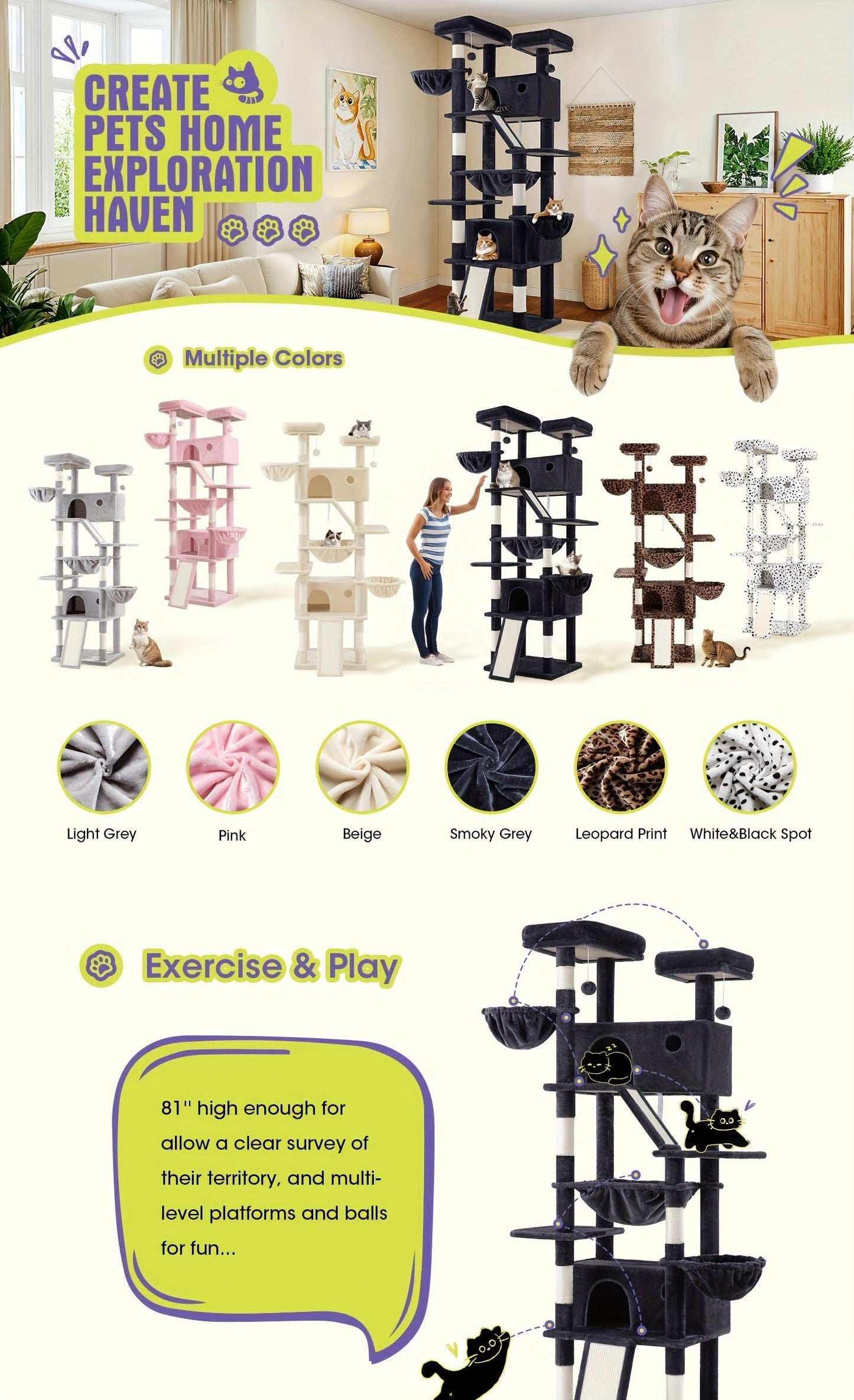 Cat Tree Tower Multi-Level for Indoor Cats - Cat Furniture with Sisal Scratching Posts, Plush Perches, Hammock, Basket & Corner Condo Cave, Hanging Toys & Climbing Ramp, Multiple Sizes & Colors