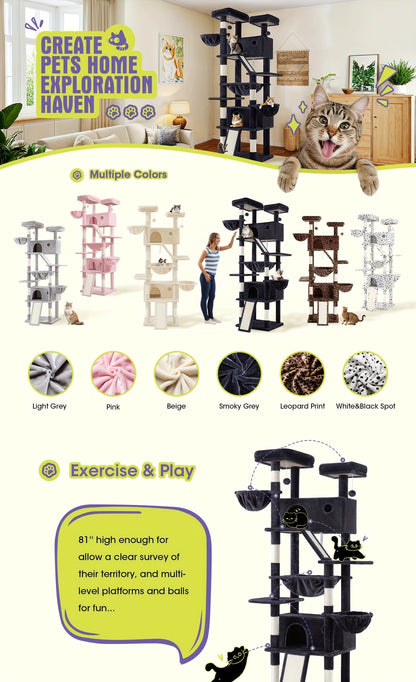 Cat Tree Tower Multi-Level for Indoor Cats - Cat Furniture with Sisal Scratching Posts, Plush Perches, Hammock, Basket & Corner Condo Cave, Hanging Toys & Climbing Ramp, Multiple Sizes & Colors