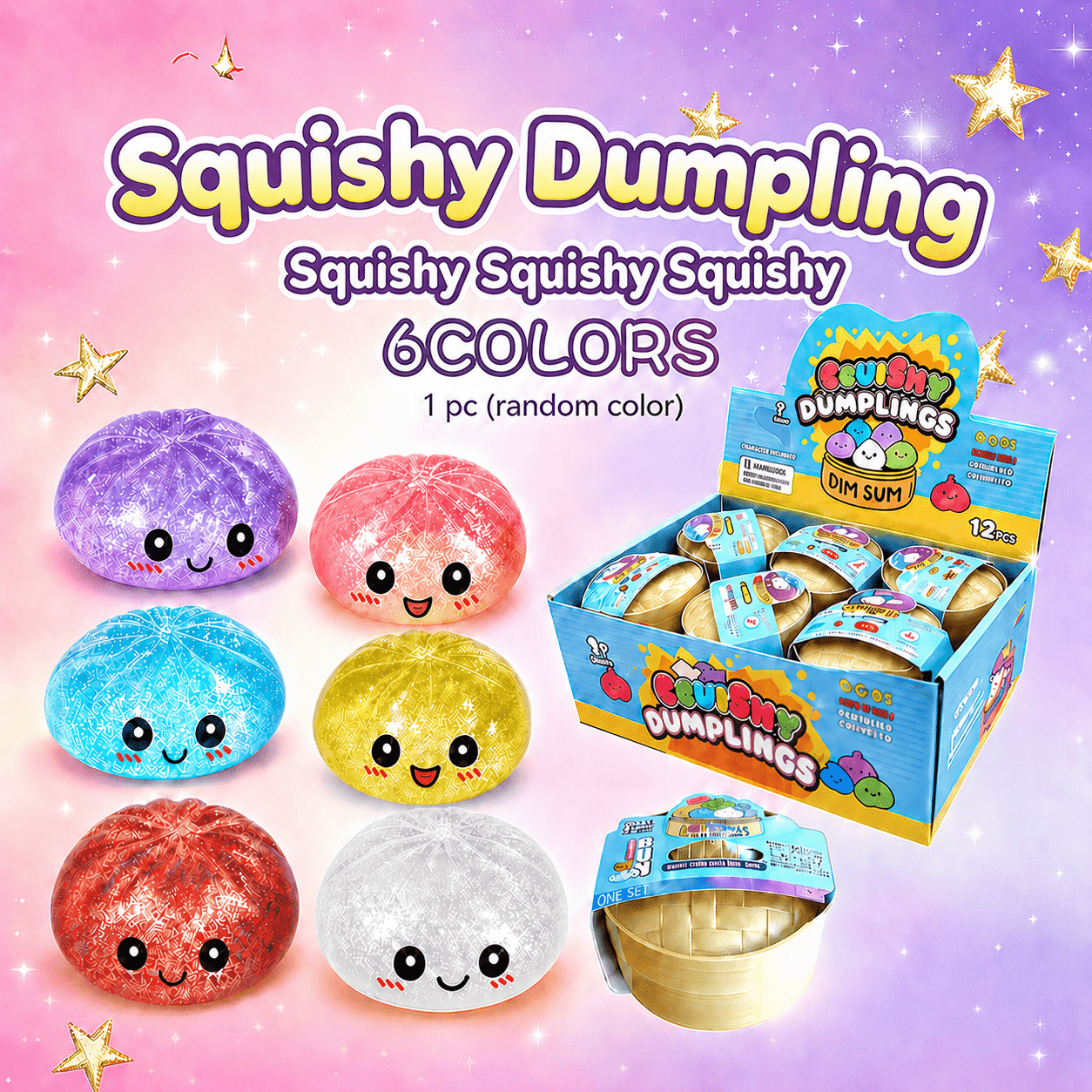 Dumpling Squishy Mystery Ball Single Pack – Random Glitter Color Stress Ball with Steamer Basket Design, Slow Rise Squeeze Toy for Adults Kids, Sensory Fidget Gift Birthday Holiday