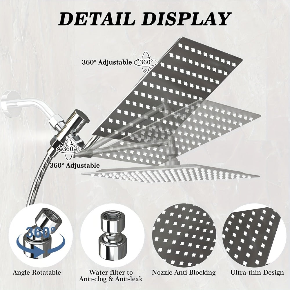 High Pressure Rainfall Handheld Shower Head Combo, 11-Inch Extension Arm, 9 Settings, 180° Adjustable, Anti-Leak with Holder, Chrome & Matte Black, 8/10/12 Inch