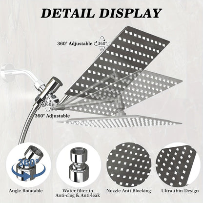 High Pressure Rainfall Handheld Shower Head Combo, 11-Inch Extension Arm, 9 Settings, 180° Adjustable, Anti-Leak with Holder, Chrome & Matte Black, 8/10/12 Inch