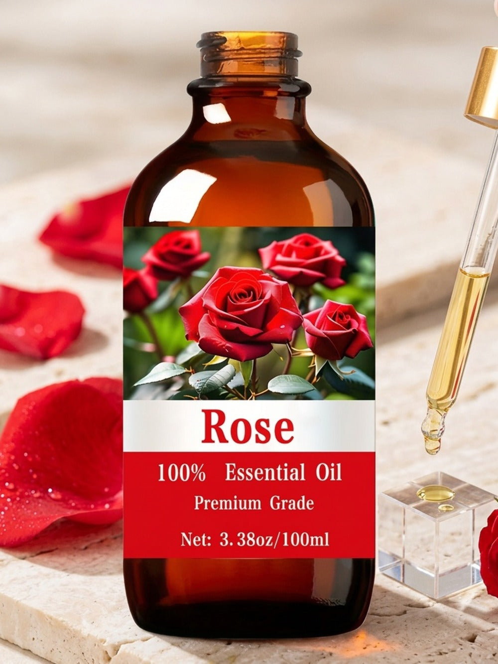 Romantic Rose Essential Oil 100ml – 100% Pure Floral Aromatherapy Oil for Skin Moisturizing, Hair & Nail Care | Mood Lifting Massage & Meditation Oil for Women & Men | Body Scalp Oil Gift, 3.38 fl oz
