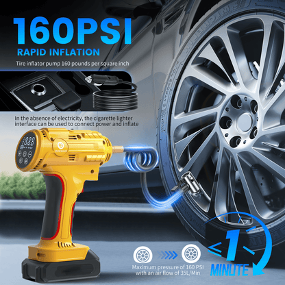 Portable Air Pump Inflator 160PSI – Auto Shut-Off, 35L/min, Dual Power (Battery/12V Car), Digital Gauge, 3-Mode LED Light for Car Tires, Bikes, Balls & Air Mattresses