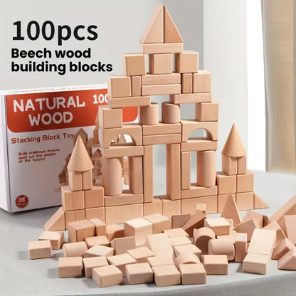 Natural Beech Wood Blocks 100 Piece Unpainted Solid Wooden Building Set – STEM Logical Thinking Toy for Kids Ages 3-12, Castle Stacking Sorting Educational Gift for Boys & Girls