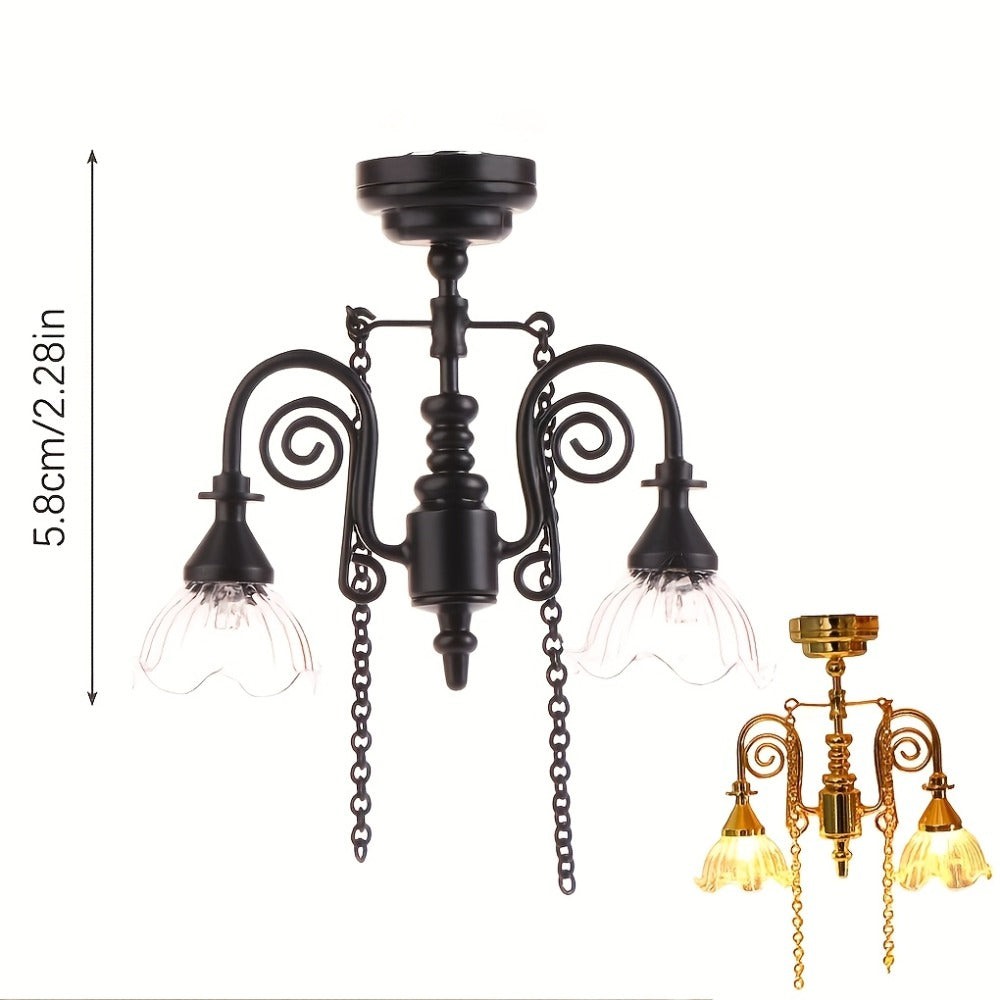 Miniature LED Chandelier Ceiling Lamp Dollhouse Working Light 1:12 Scale Golden Finish DIY Room Box Diorama Sand Table Decor Gift for Miniature Hobbyists Collectors