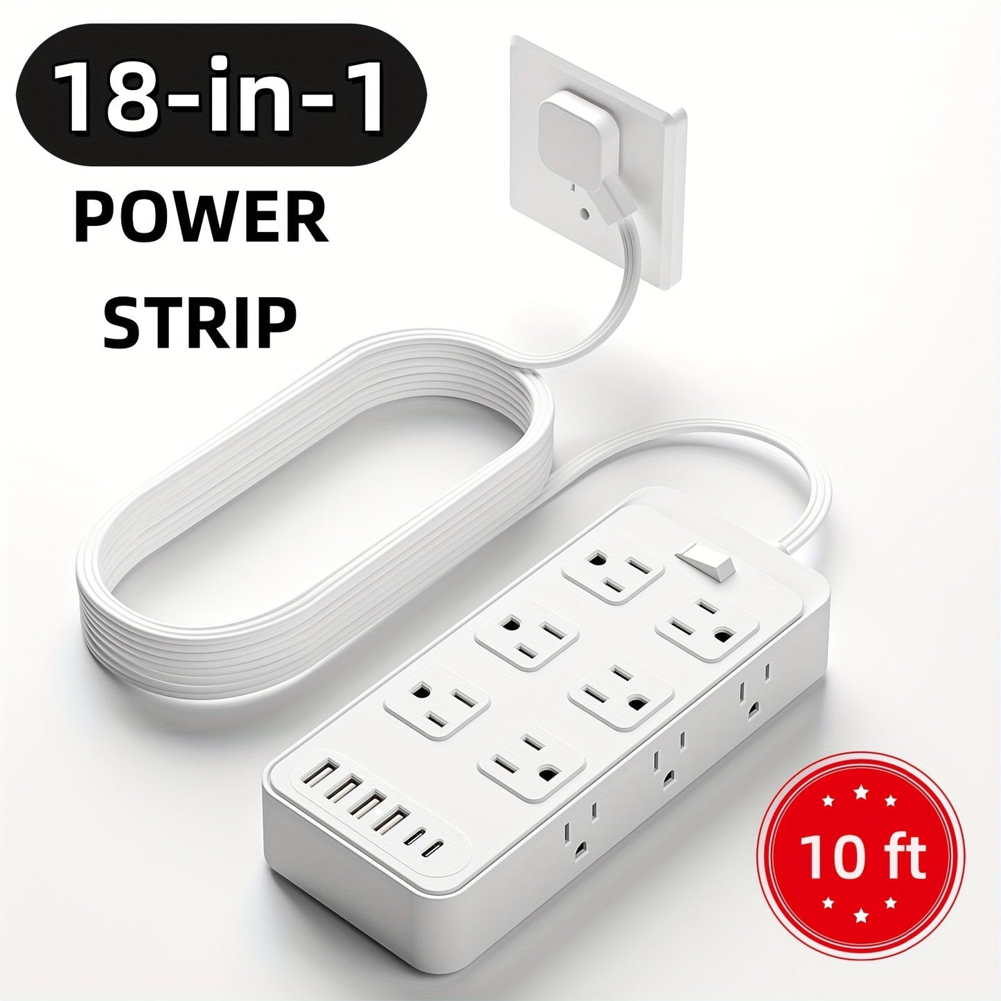 USB Extension Cord Power Strip 18-in-1 with 12 AC Outlets 6 USB Ports Surge Protector Overload Protection Switch 5FT 10FT for Home Kitchen Office Travel Accessories Black White