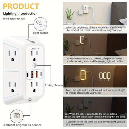 Outlet Splitter Wall Expander 10-in-1 with 6 AC Outlets 2 USB-A 2 USB-C Ports 3-Sided Plug Extender Surge Protector Night Light Compact Space-Saving Design for Home Dorm Apartment Office