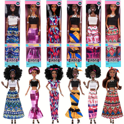 African American Fashion Doll Set 6 Pack 11.5 Inch Bohemian Curly Hair Dolls Removable Boho Outfits Headscarves Silver Necklaces Diverse Gift for Girls Kids Party Favors Birthday Christmas