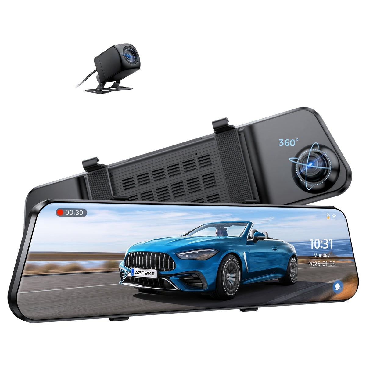 10-inch Touchscreen Dash Cam with Front 1296P and Rear 1080P Recording. Supports App Control, WiFi, GPS, English Voice Control, WDR Wide Dynamic Range, Super Night Vision, and Parking Monitor Mode. Requires Additional Mini Three-core Hard-wiring Kit