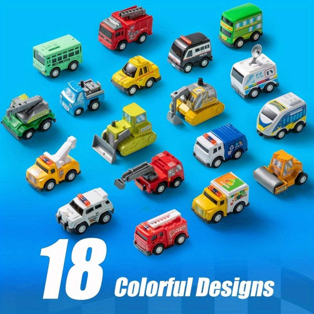 18-Piece Pull Back Mini Cars Set for Kids – City Vehicles Fire Truck Police Car School Bus Freight Train, Friction Powered Toy Cars Boys Girls Ages 3+ Party Favors Gift