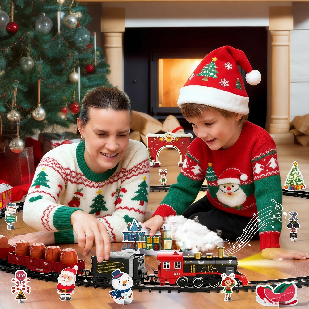 Christmas Train Set for Kids – 43PCS Electric Train Toy with Smoke, Lights & Sound, 6 Cars & 28 Tracks, Switchable Railway Layout, Holiday Birthday Gift for Boys Girls Toddlers