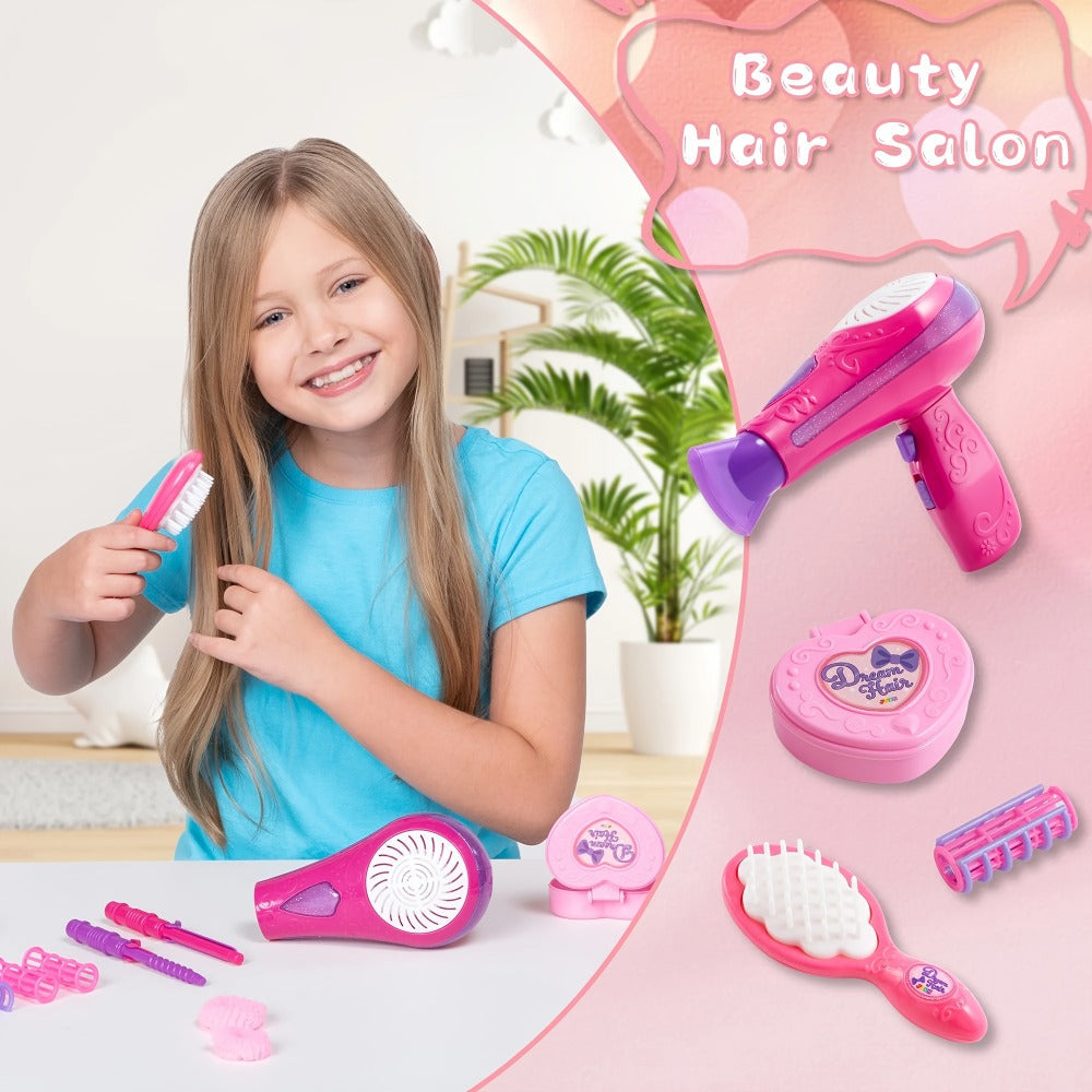 Girls Beauty Salon Toy Set 17 PCS – Pretend Play Hair Stylist Kit with Working Hairdryer Mirror Curling Wands Combs Clips & Jewelry Box | Princess Hair Dresser Toy for Girls Ages 3+ | Best Birthday Christmas Gift