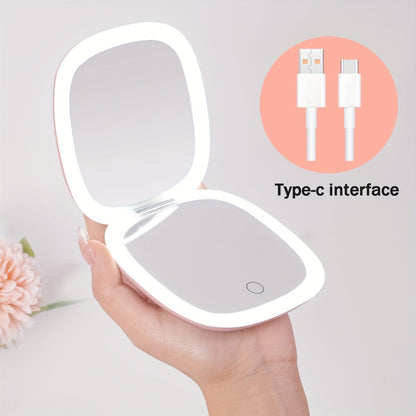 LED Makeup Mirror with Lights Two-Sided Magnifying, Foldable Portable Vanity Mirror 3 Brightness Levels USB Rechargeable, Cute Animal Theme Compact Travel Mirror for Women Girls Desk Bedroom Pink White