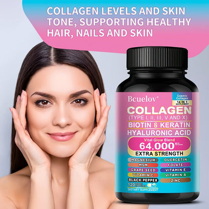 Collagen Capsules Types I II III V X with Biotin Keratin Hyaluronic Acid — Supports Skin Elasticity Hair Growth & Nail Strength | Anti-Aging Beauty Supplement | 120 Capsules