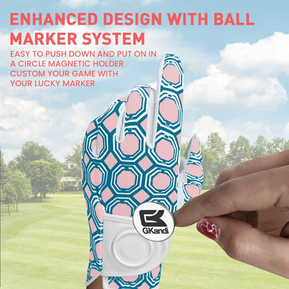 Women's Golf Gloves Left Hand with Ball Marker – All-Weather Grip Leather Golf Glove for Ladies Right-Handed Golfers, Colorful Design, Sizes S M L – Pink & Blue