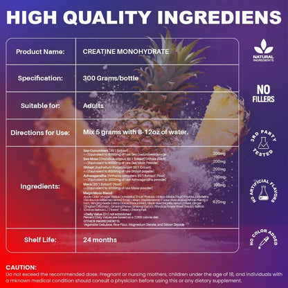 Micronized Creatine Monohydrate 5000mg Powder 300g 60 Servings – No Artificial Sweeteners or Flavors, Energy, Muscle Recovery & Mental Clarity