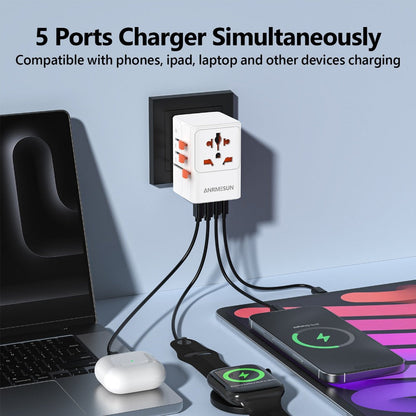 65W Universal Travel Adapter with 4 USB Ports - 2 USB-C & 2 USB-A Fast Charging, US EU UK AU Plugs, 100-240V Input, Overload & Short Circuit Protection, 200+ Countries, White & Black