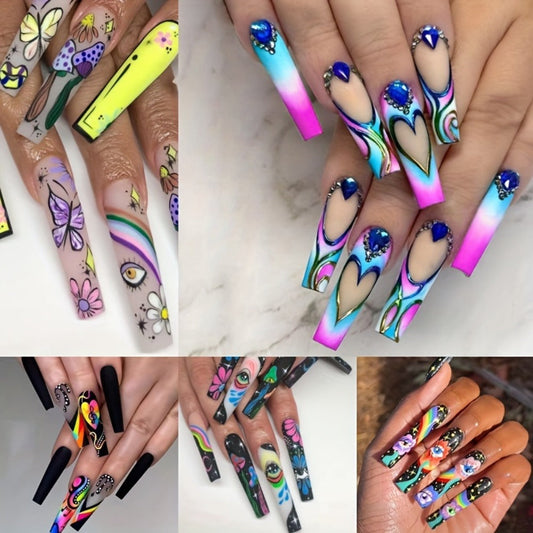 Press On Nails Set 120pcs 5 Boxes Extra Long Cosmic Eyes Crystal Rhinestones Matte Colorful Stripes Floral Glue-On Wearable Nail Art Variety Pack Festive Gift for Women Teens Party Holiday