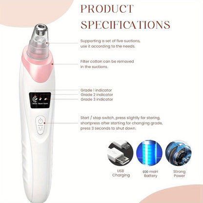 Blackhead Remover Vacuum 3-Level Suction USB Rechargeable Pore Cleanser - 5 Replaceable Probes 4 Tools Electric Deep Pore Extractor for Face Nose - Acne Sebum Whitehead Removal Gift for Women