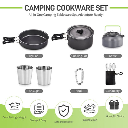 Backpacking Cookware Mess Kit 19/27pcs – Non-Stick Pot Pan Kettle with Stainless Steel Cutlery, Lightweight Camping Cook Set for Open Fire, Hiking & Outdoor Cooking