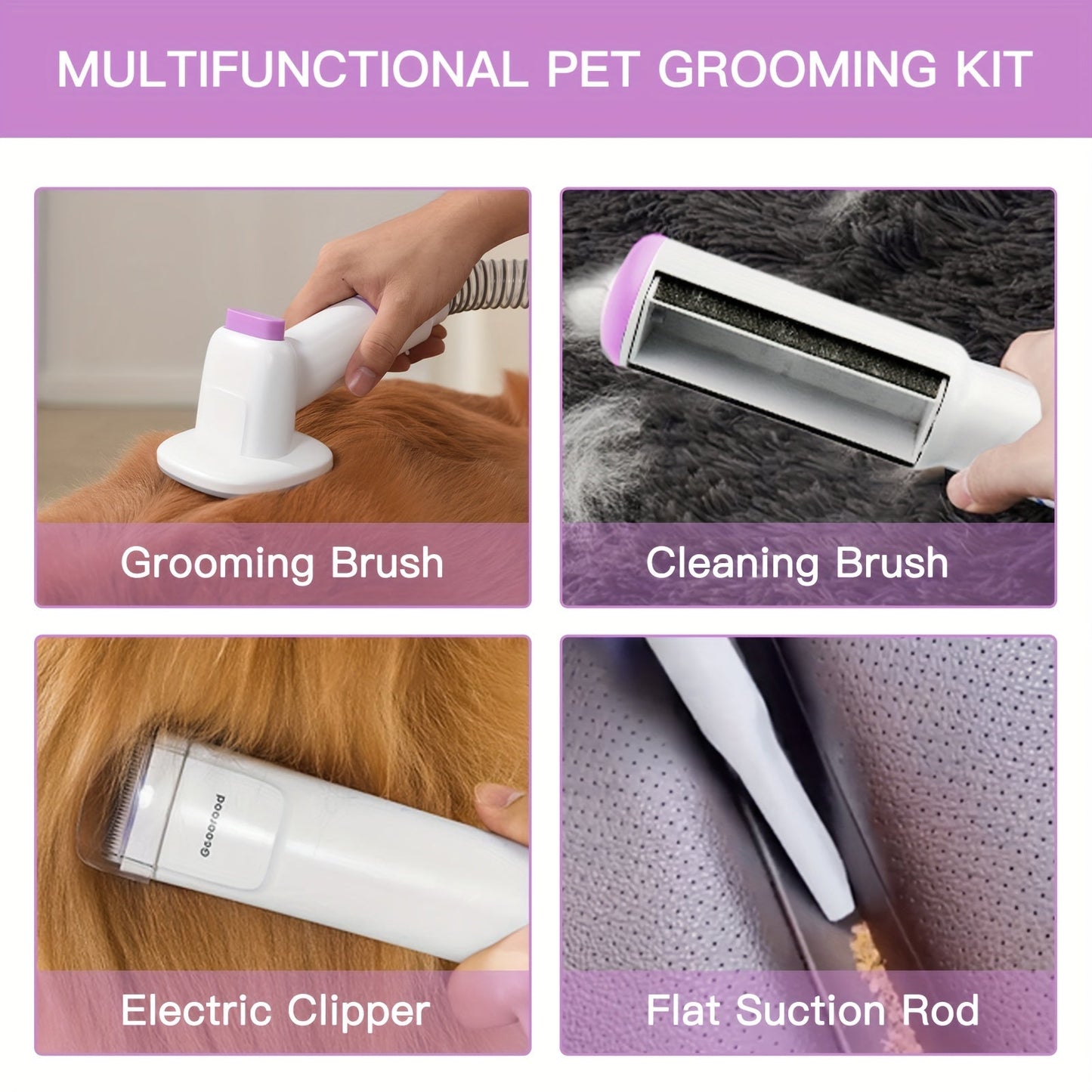 Dog Grooming Vacuum Kit 4-in-1 – Pet Hair Vacuum with Electric Clipper, Grooming Brush & Deshedding Tools, 2.5L Large Dust Cup, 10kPa Suction, Low Noise, 4 Comb Sizes (Model G2-W2)