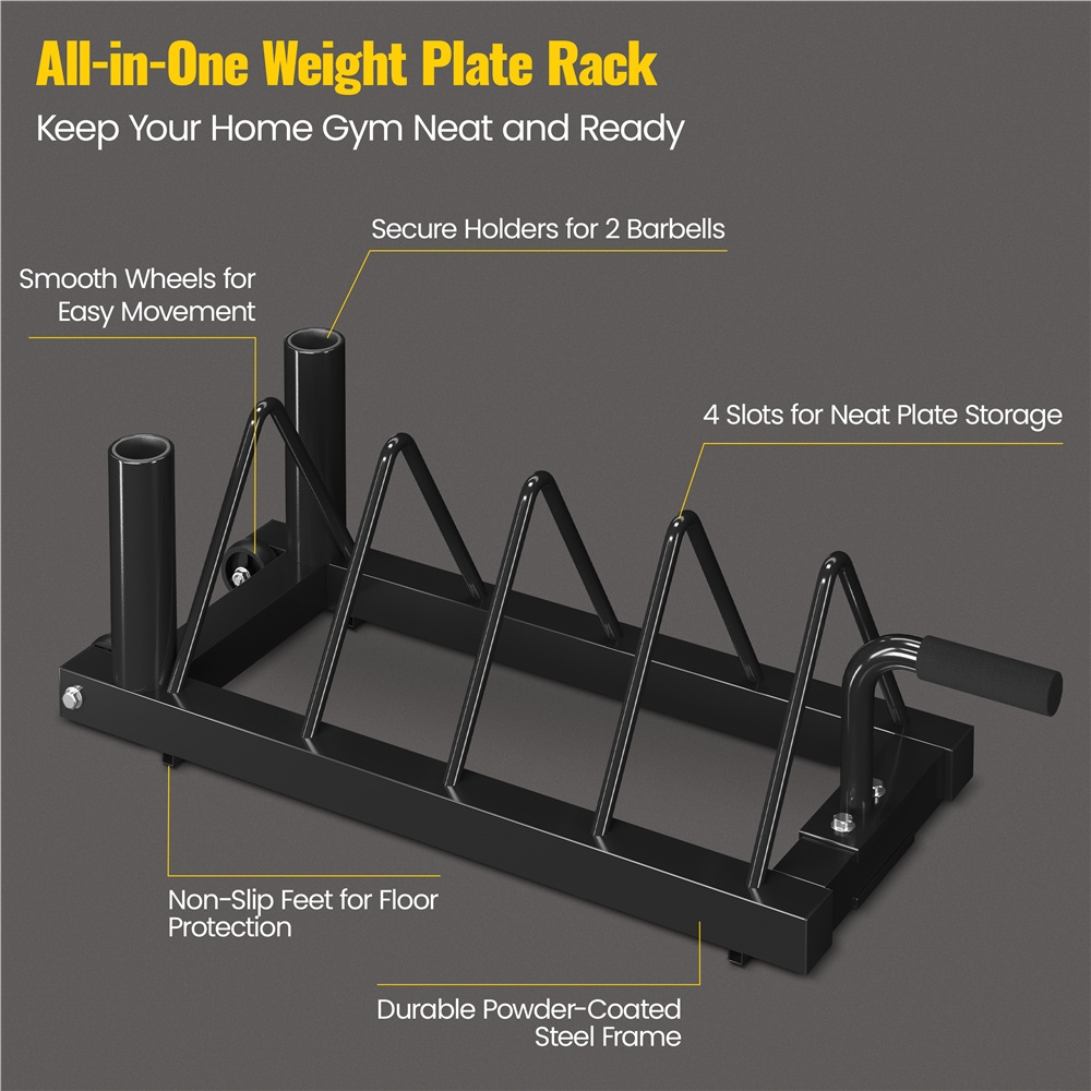 Barbell & Weight Plate Storage Rack with Wheels & Handle – 300 lb Capacity, 2 Barbell Holders, 4 Plate Slots, Powder Coated Steel for Home Gym & Garage Organization