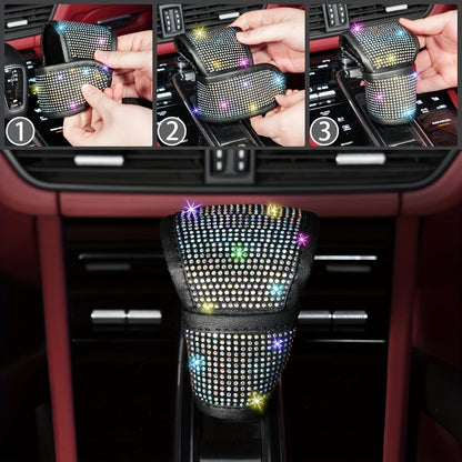 Rhinestone Car Accessories Set for Women 8 Pcs – Bling Steering Wheel Cover Cup Coasters Seat Belt Pads Shift Knob Cover Starter Rings – Multicolor Pink Purple