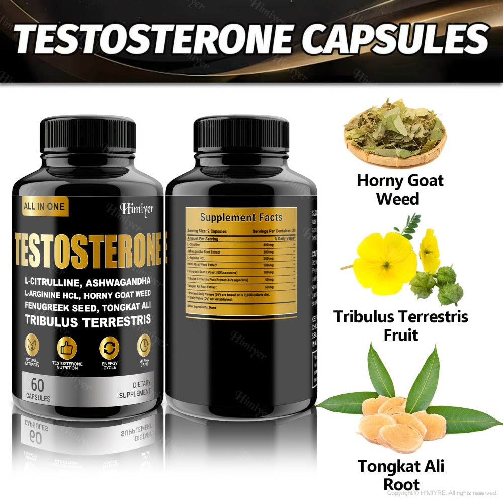 Tongkat Ali Testosterone Booster for Men with Tribulus, Fenugreek & L-Arginine - Plant-Based Natural Supplement for Strength, Libido, Nitric Oxide & Male Vitality - 60 Capsules 30-Day Supply