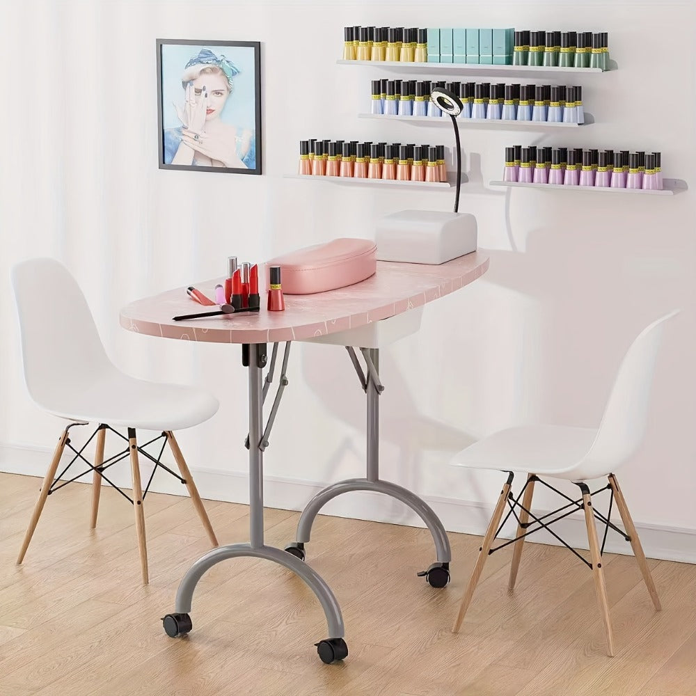 Foldable Nail Table with LED Lamp Drawer Lockable Wheels Wrist Cushion & Carrying Bag – Portable Manicure Station for Nail Salon Technician Home Studio White