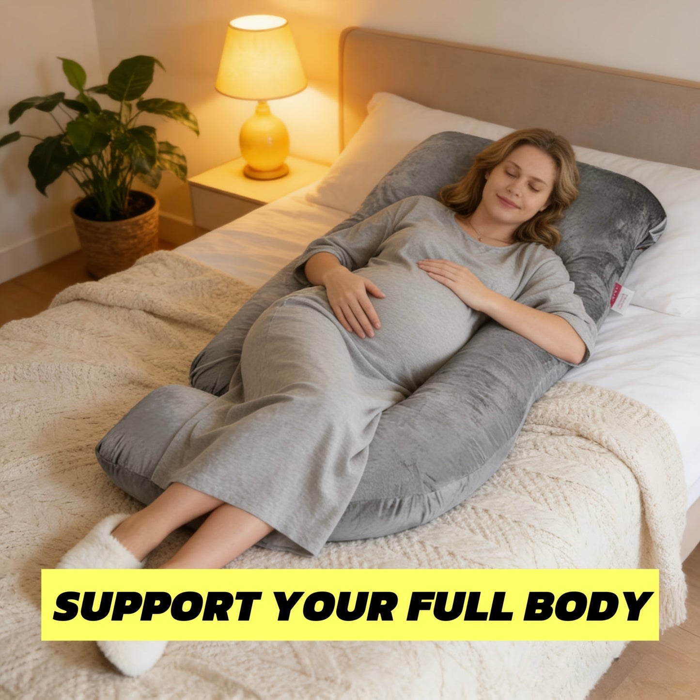 62-Inch J-Shaped Pregnancy Pillow - Velvet-Look Full-Body Design