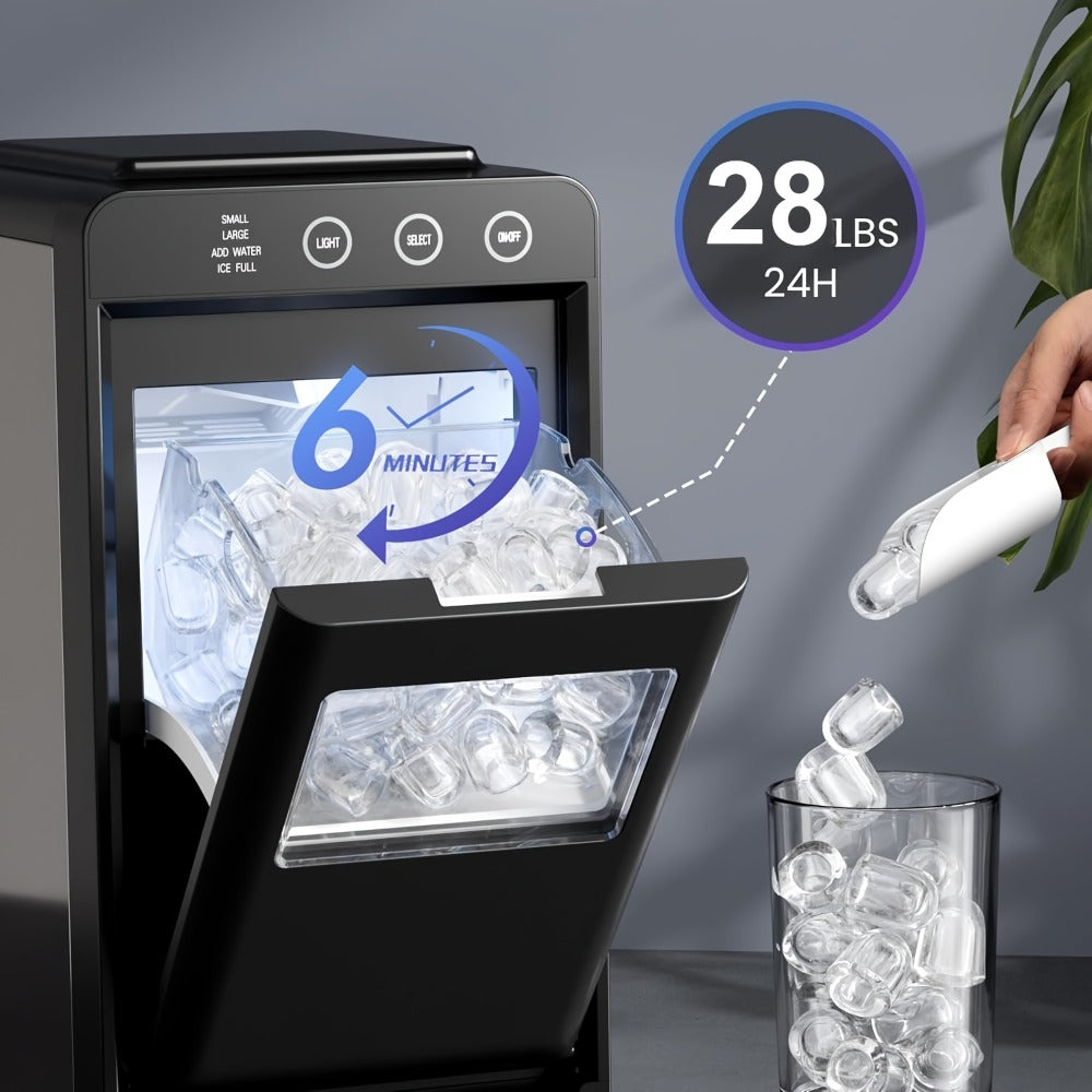 Portable Ice Machine – 28 Lbs/24Hrs, 8 Ice Cubes in 6 Mins, Self-Cleaning, Quiet Compact Countertop Ice Maker with 27oz Tank, 1.1lb Storage Basket & Scoop for Home, Kitchen, Camping & RV