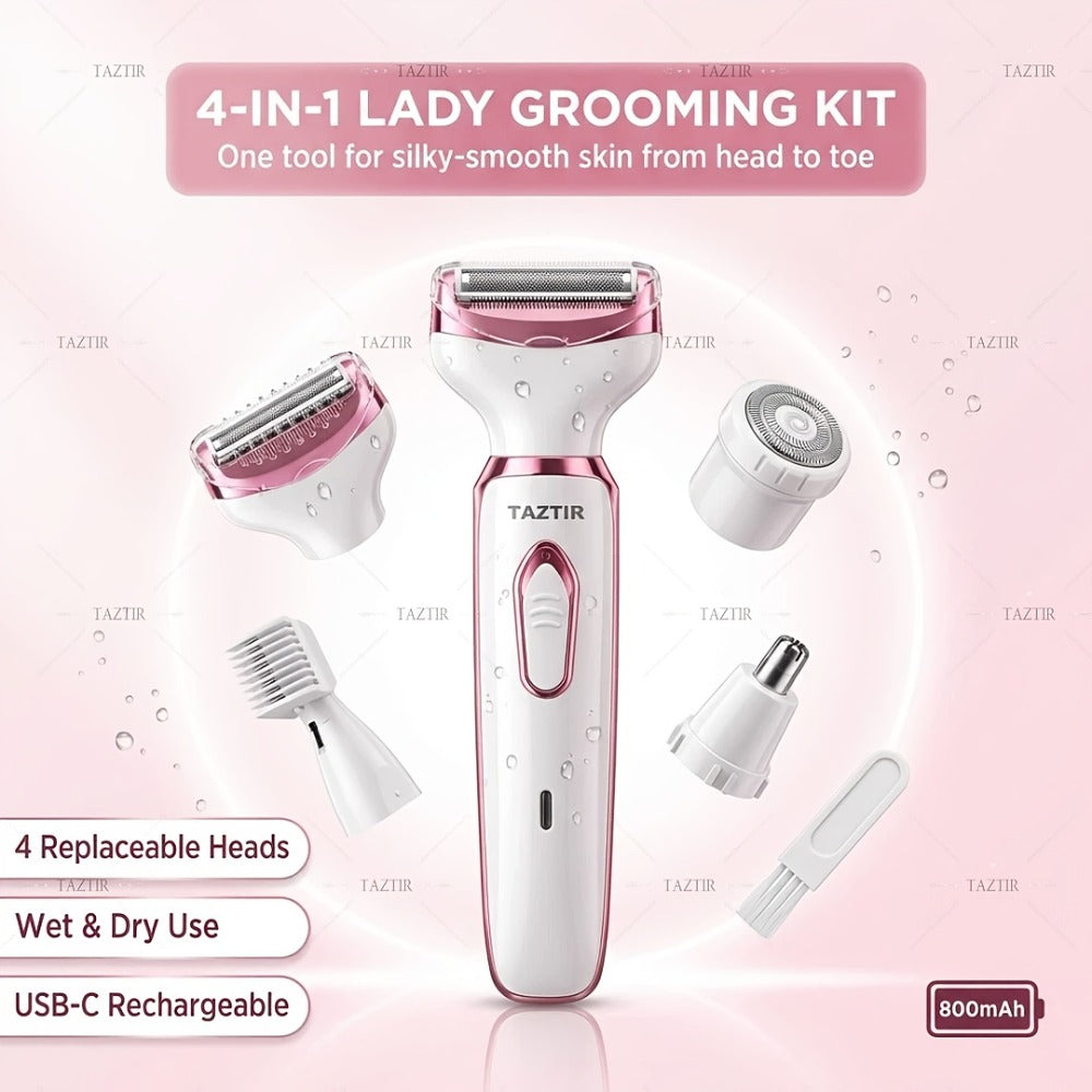 Electric Razor for Women 4-in-1 Rechargeable Lady Shaver Grooming Kit - Painless Wet Dry Hair Removal for Face Nose Legs Underarm Bikini Line Portable USB Rechargeable Gift Set