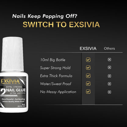 Extra Strong Brush On Nail Glue 10ml Exsivia - Quick Dry Waterproof Long Lasting Bond for Press On Nails Acrylic Fake Nail Tips - No Dehydrator or Primer Needed Salon Quality Nail Adhesive for Women