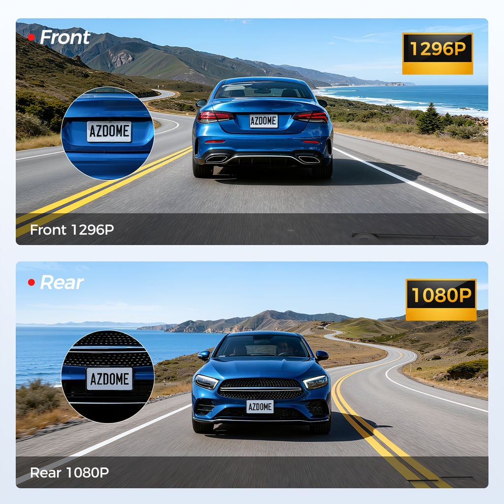 10-inch Touchscreen Dash Cam with Front 1296P and Rear 1080P Recording. Supports App Control, WiFi, GPS, English Voice Control, WDR Wide Dynamic Range, Super Night Vision, and Parking Monitor Mode. Requires Additional Mini Three-core Hard-wiring Kit