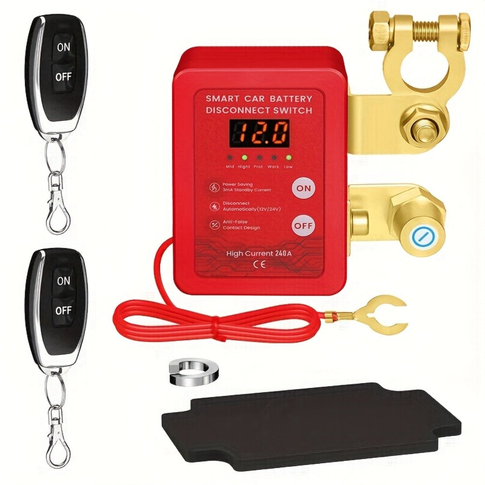 Car Battery Auto Power Off Switch with LED Voltage Display - 12V/24V Anti-Drain Protection, Low Voltage Alarm, 240A Remote Control Battery Disconnect