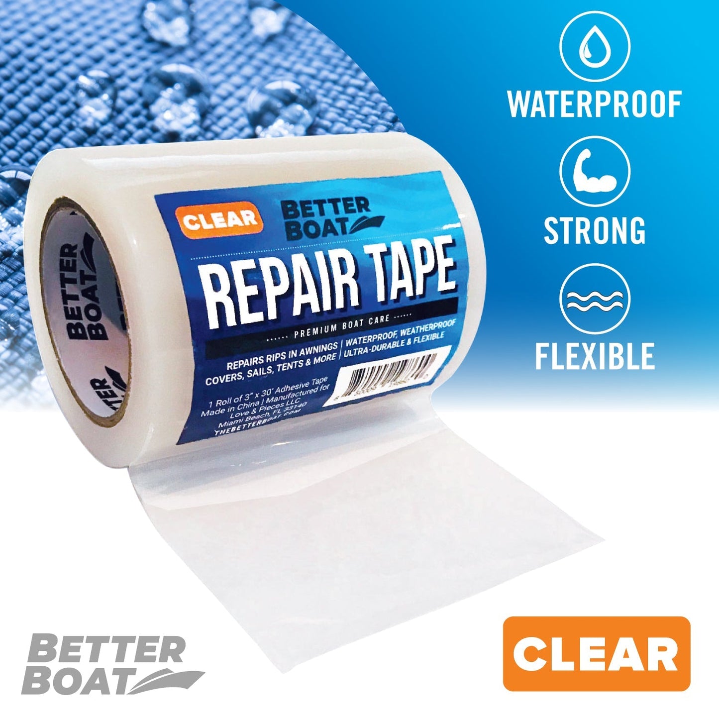 Repair Tape Fabric Repair Boat Covers Canvas Tent Repair Tape Pop Up Camper RV Awning Repair Tape Tarp Canopy Tear & Vinyl Waterproof Bimini Tops Sail Air Mattress Patch Kit 30FTx3 Heavy Duty