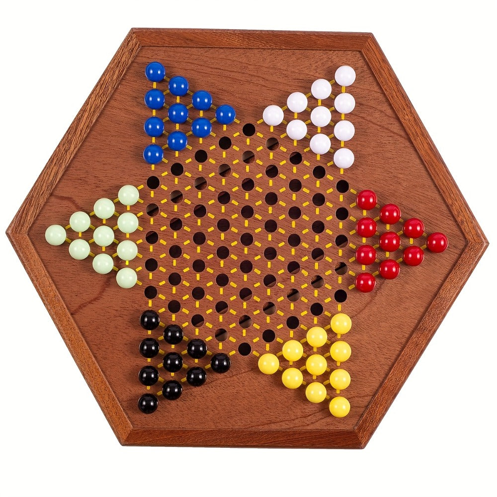 Deluxe Wooden Chinese Checkers Game Set 12.5 Inch Hexagonal Board with Storage Drawer 60 Acrylic Marbles – Classic Family Strategy Board Game for Kids Adults Game Night Gift